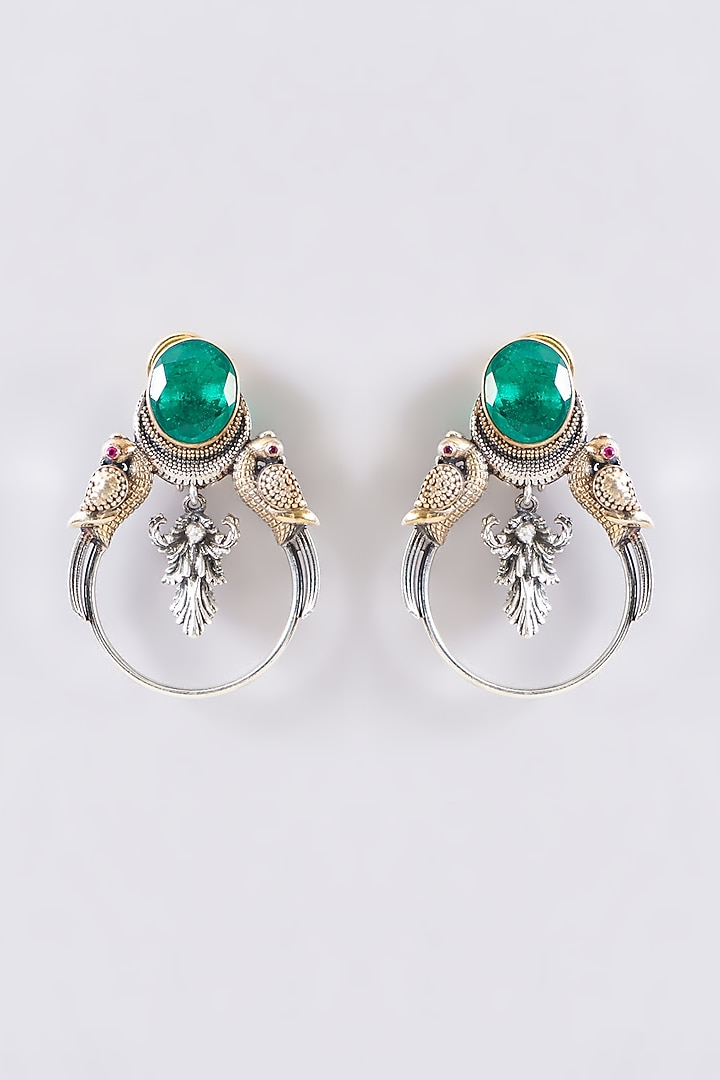 Two Tone Plated Moissanite Polki & Emerald Stud Earrings In Sterling Silver by IVORINE at Pernia's Pop Up Shop