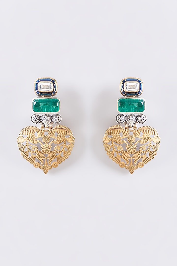 Two Tone Plated Moissanite Polki & Emerald Dangler Earrings In Sterling Silver by IVORINE at Pernia's Pop Up Shop