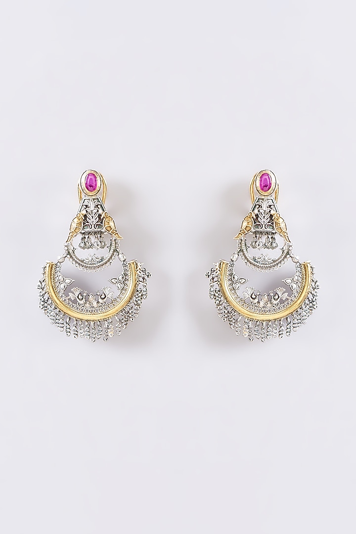 Two Tone Plated Moissanite Polki & Ruby Chandbali Earrings In Sterling Silver by IVORINE at Pernia's Pop Up Shop