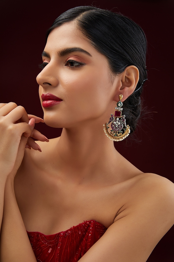 Two Tone Plated Moissanite Polki & Ruby Chandbali Earrings In Sterling Silver by IVORINE