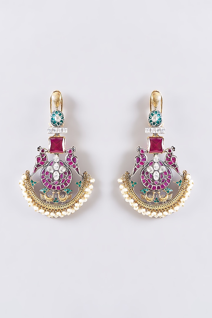 Two Tone Plated Moissanite Polki & Ruby Chandbali Earrings In Sterling Silver by IVORINE at Pernia's Pop Up Shop
