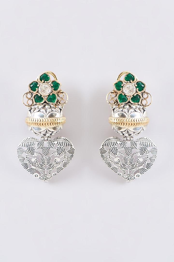 Two Tone Plated Moissanite Polki & Emerald Dangler Earrings In Sterling Silver by IVORINE at Pernia's Pop Up Shop