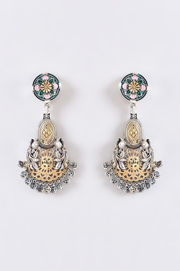 Two Tone Plated Moissanite Polki Peacock Dangler Earrings In Sterling Silver by IVORINE at Pernia's Pop Up Shop