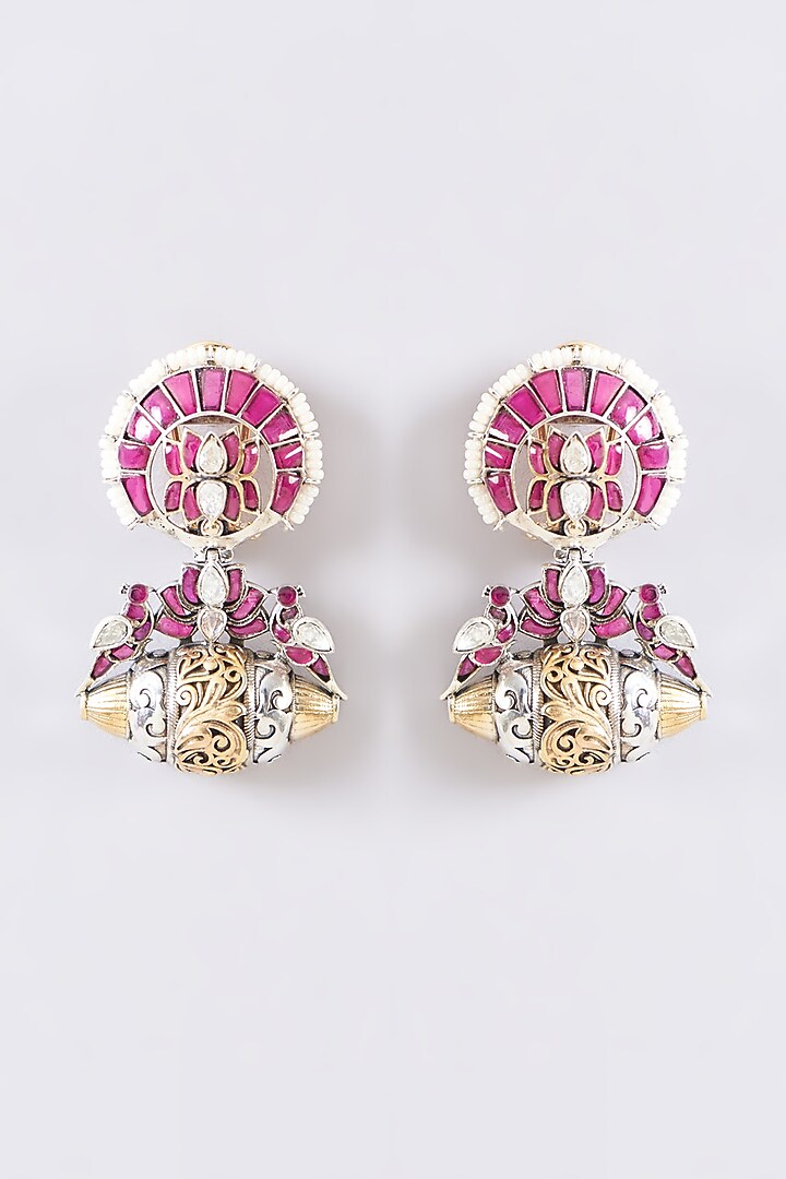 Two Tone Plated Moissanite Polki & Ruby Vintage Dangler Earrings In Sterling Silver by IVORINE at Pernia's Pop Up Shop