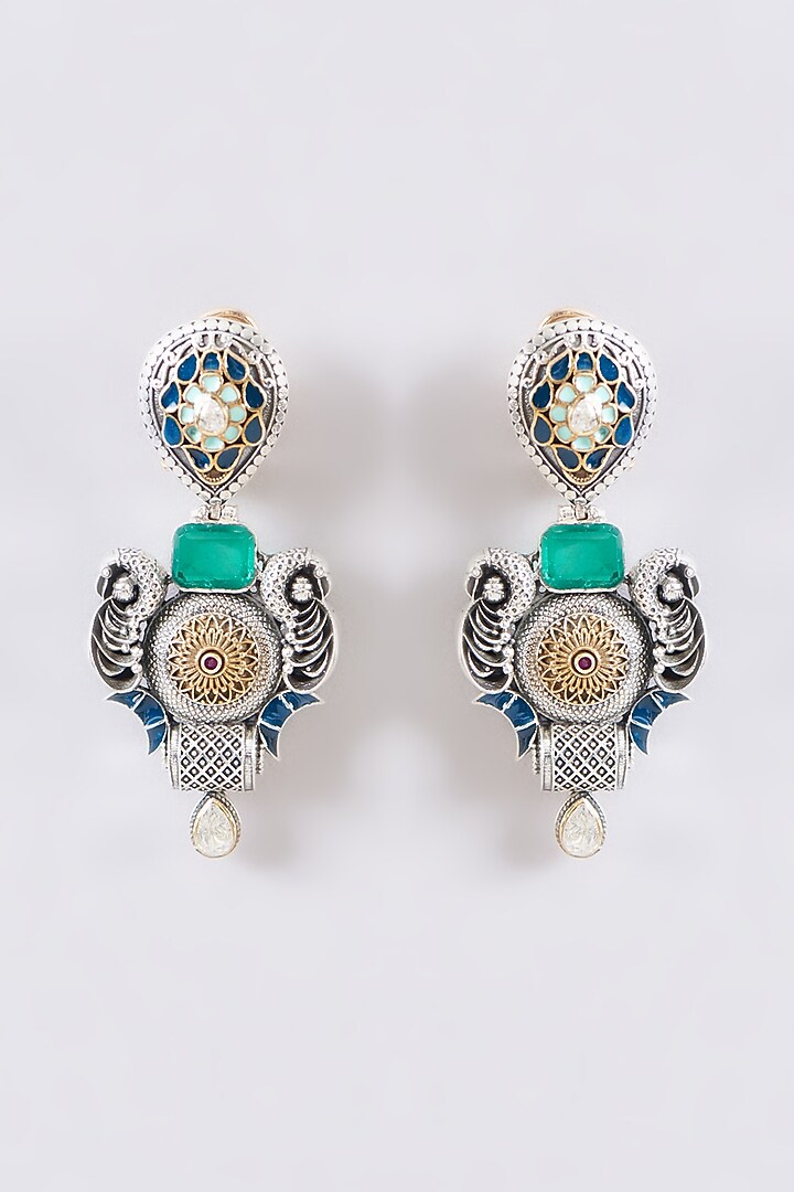 Two Tone Plated Moissanite Polki & Emerald Dangler Earrings In Sterling Silver by IVORINE at Pernia's Pop Up Shop