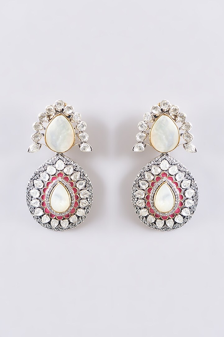 Two Tone Plated Moissanite Polki & Ruby Dangler Earrings In Sterling Silver by IVORINE at Pernia's Pop Up Shop