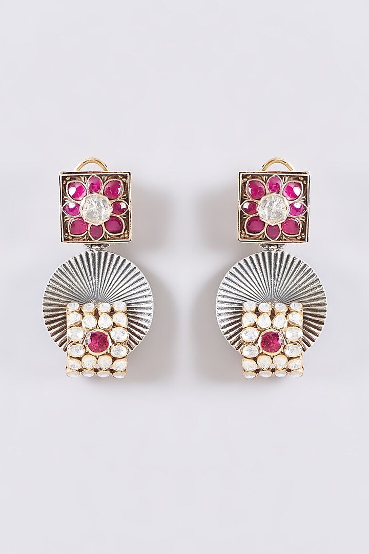 Two Tone Plated Moissanite Polki & Ruby Dangler Earrings In Sterling Silver by IVORINE at Pernia's Pop Up Shop