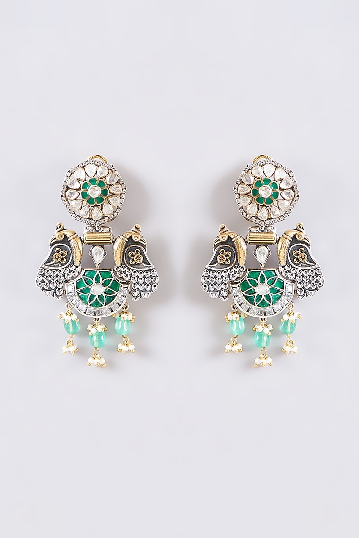 Two Tone Plated Moissanite Polki & Emerald Dangler Earrings In Sterling Silver by IVORINE at Pernia's Pop Up Shop