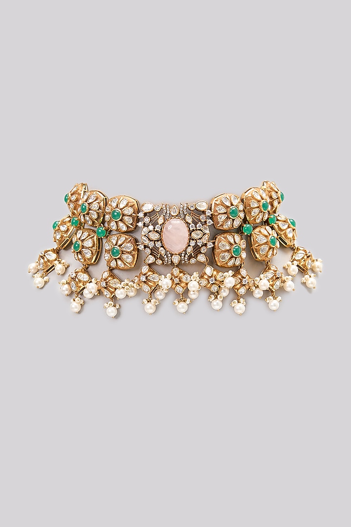 Gold Plated Moissanite Polki & Rose Quartz Choker Necklace In Sterling Silver by IVORINE at Pernia's Pop Up Shop