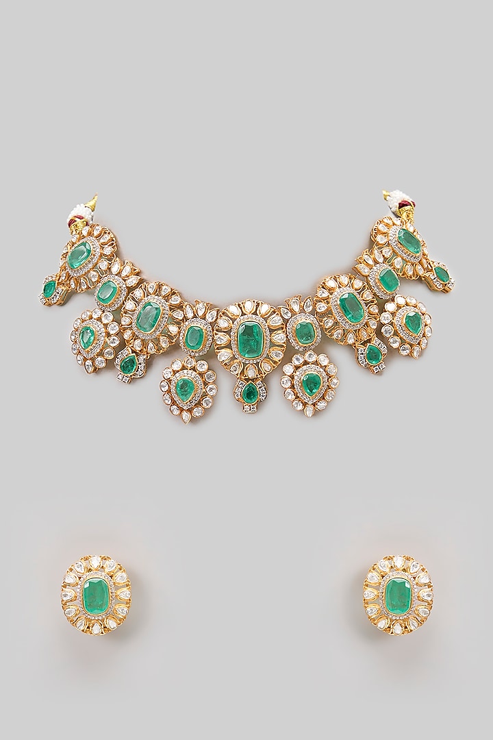 Gold Plated Moissanite Polki & Precious Stone Necklace Set In Sterling Silver by IVORINE at Pernia's Pop Up Shop