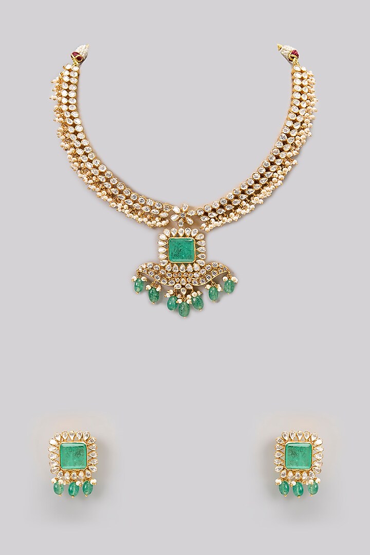 Gold Plated Moissanite Polki & Precious Stone Long Necklace Set In Sterling Silver by IVORINE at Pernia's Pop Up Shop