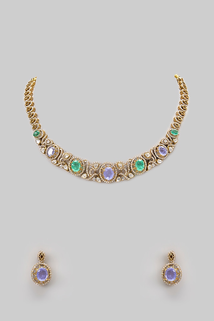 Gold Plated Moissanite Polki & Precious Stone Necklace Set In Sterling Silver by IVORINE at Pernia's Pop Up Shop