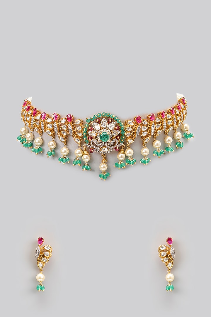 Gold Plated Moissanite Polki & Precious Stone Choker Necklace Set In Sterling Silver by IVORINE at Pernia's Pop Up Shop