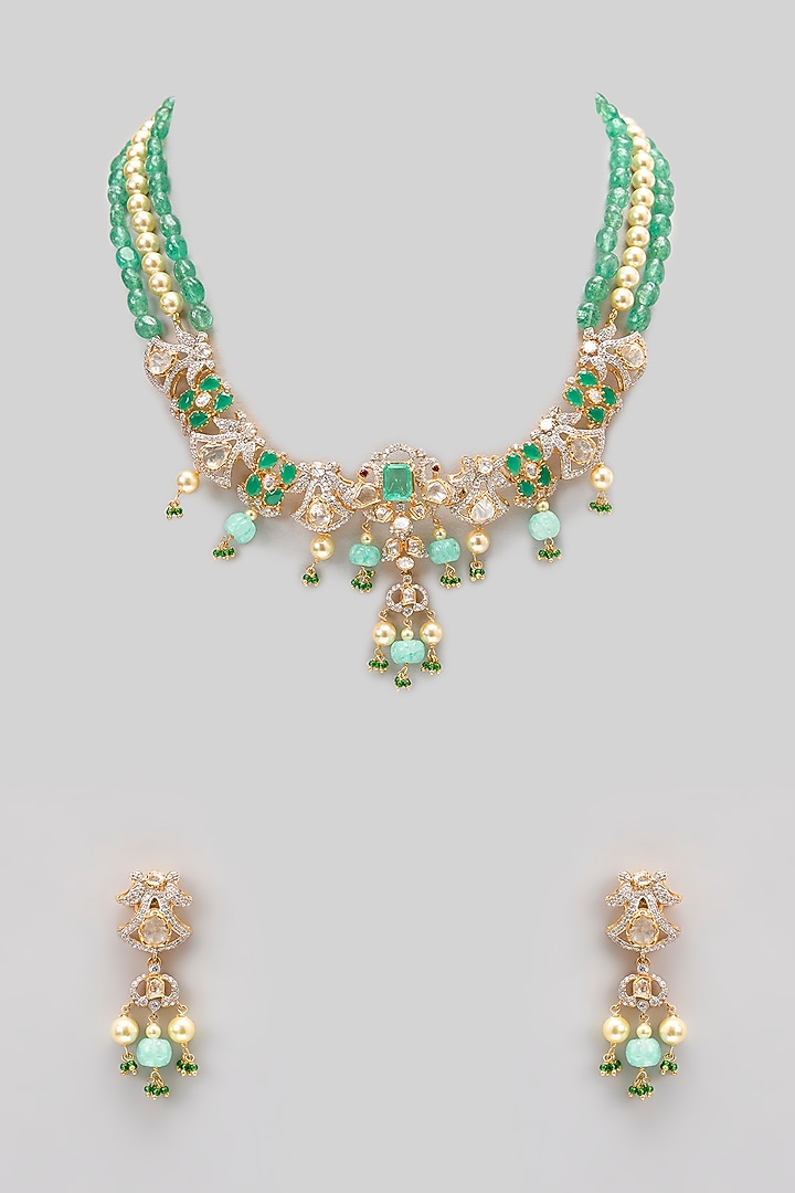 Gold Plated Moissanite Polki & Precious Stone Necklace Set In Sterling Silver by IVORINE at Pernia's Pop Up Shop