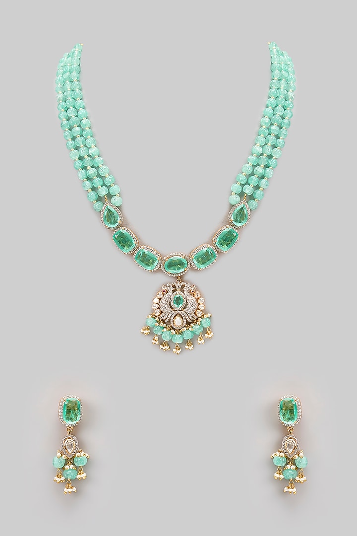 Gold Plated Moissanite Polki & Precious Stone Long Necklace Set In Sterling Silver by IVORINE at Pernia's Pop Up Shop