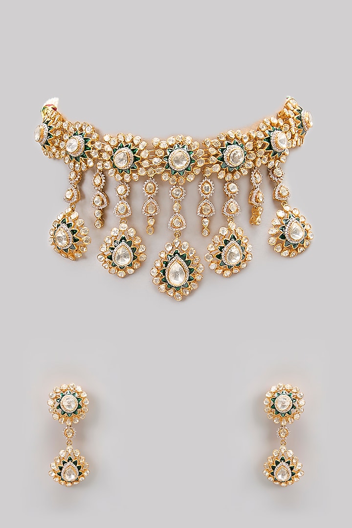 Gold Plated Moissanite Polki & Precious Stone Choker Necklace Set In Sterling Silver by IVORINE at Pernia's Pop Up Shop