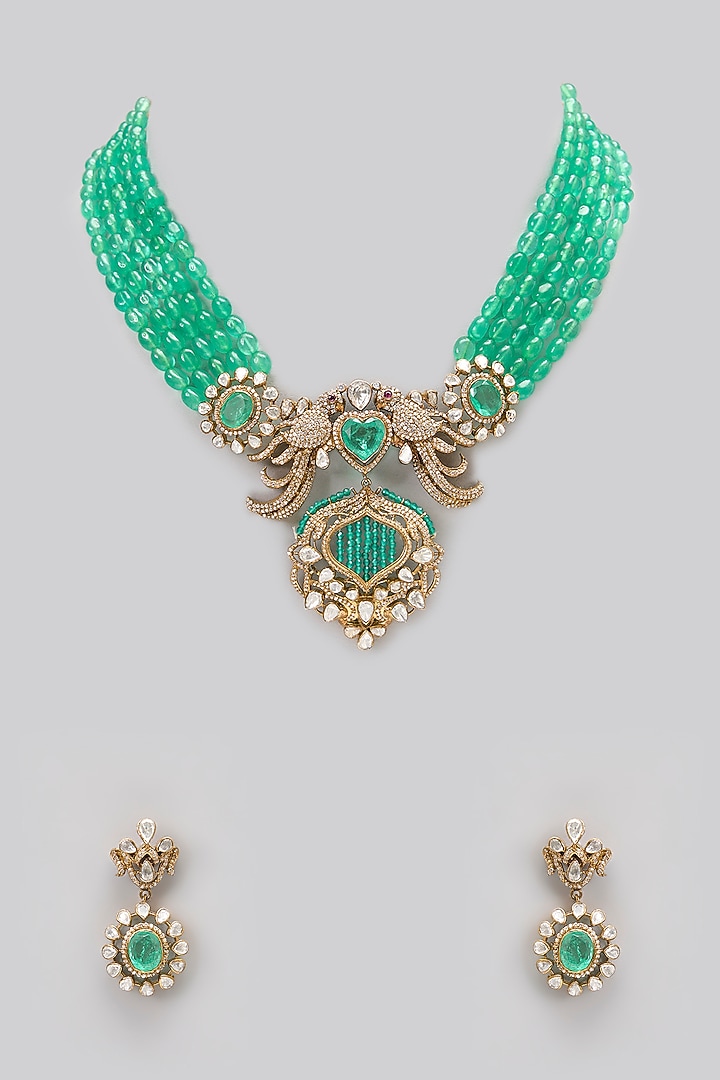 Gold Plated Moissanite Polki & Precious Stone Necklace Set In Sterling Silver by IVORINE at Pernia's Pop Up Shop