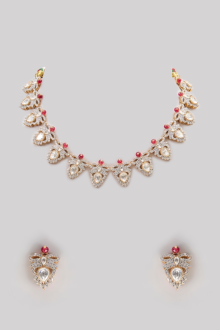 Gold Plated Moissanite Polki & Precious Stone Necklace Set In Sterling Silver by IVORINE at Pernia's Pop Up Shop