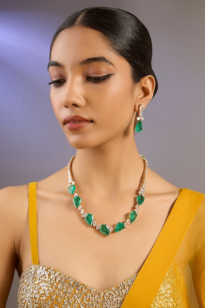 Gold Plated Moissanite Polki & Precious Stone Necklace Set In Sterling Silver by IVORINE at Pernia's Pop Up Shop