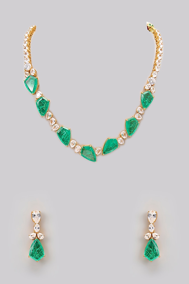 Gold Plated Moissanite Polki & Precious Stone Necklace Set In Sterling Silver by IVORINE at Pernia's Pop Up Shop