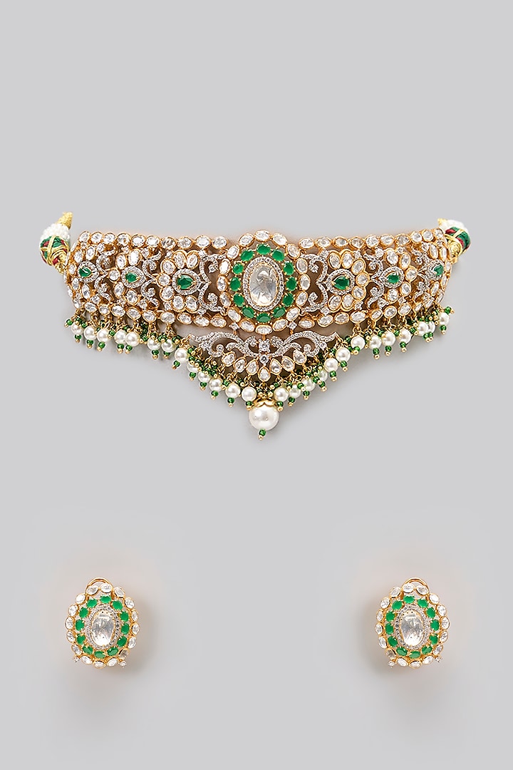 Gold Plated Moissanite Polki & Precious Stone Choker Necklace Set In Sterling Silver by IVORINE at Pernia's Pop Up Shop
