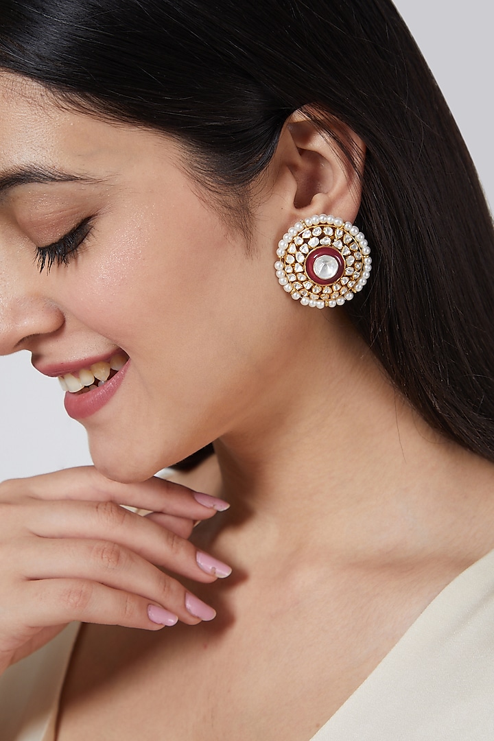 Gold Plated Earrings With Kundan Polkis In Sterling Silver by IVORINE