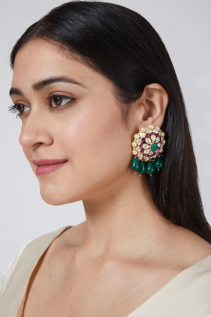 Gold Plated Green Stone Floral Earrings In Sterling Silver by IVORINE