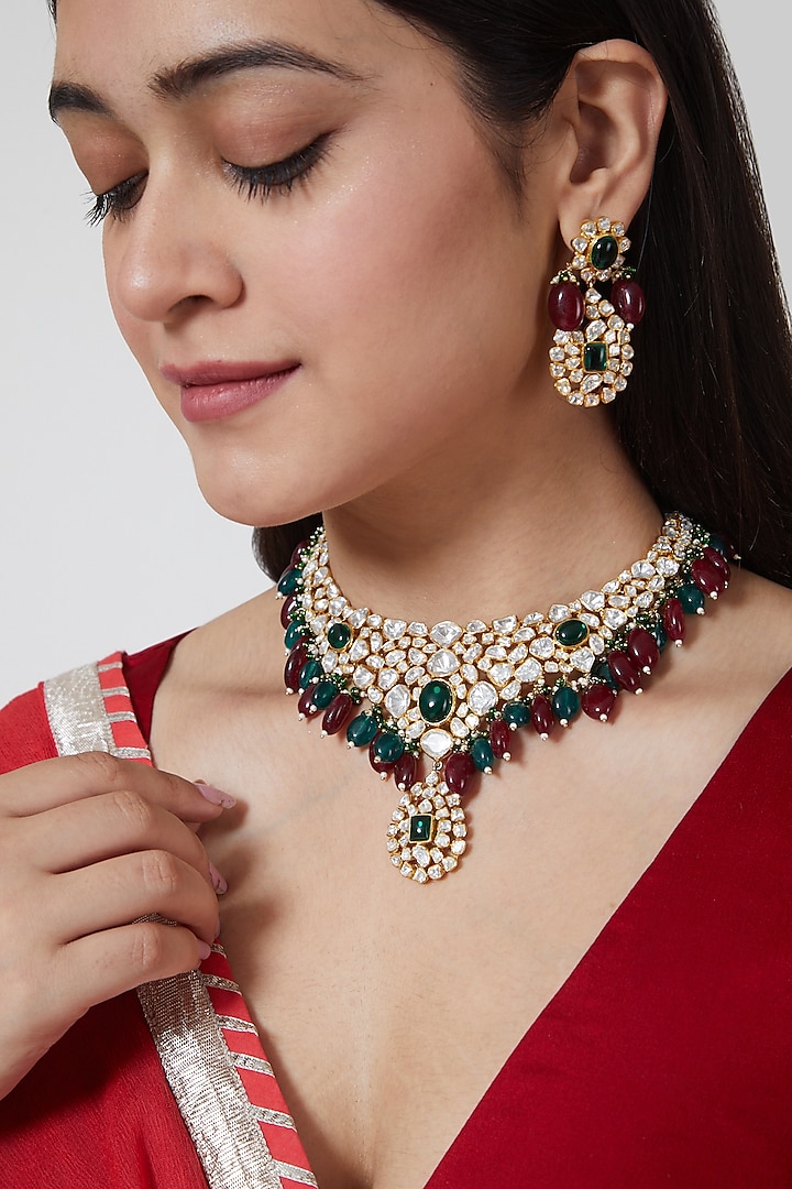 Gold Plated Kundan Polki Necklace Set In Sterling Silver by IVORINE
