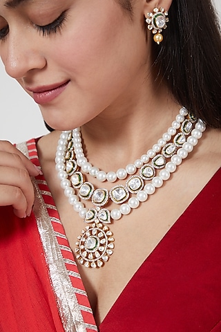 Gold Plated Diamond Necklace Set In Sterling Silver by IVORINE