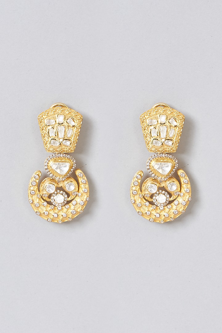Gold Plated Moissanite Polki Dangler Earrings In Sterling Silver by IVORINE