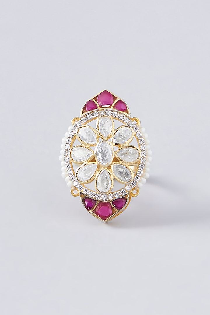 Gold Plated Ruby & Moissanite Polki Handcrafted Ring In Sterling Silver by IVORINE at Pernia's Pop Up Shop
