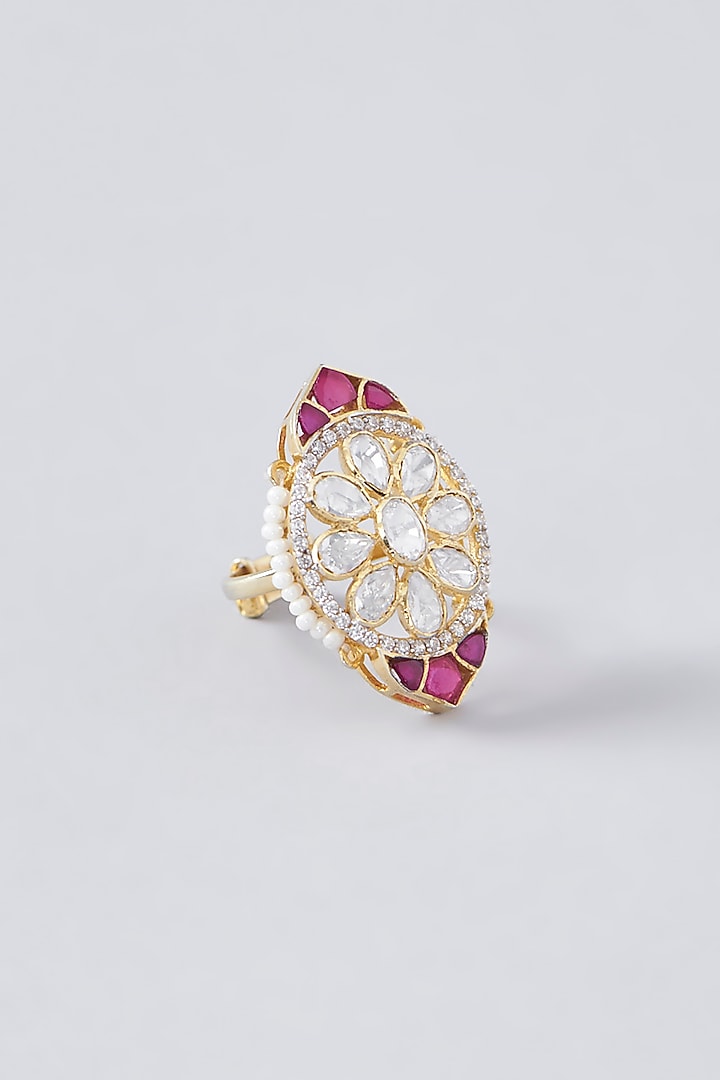 Gold Plated Ruby & Moissanite Polki Handcrafted Ring In Sterling Silver by IVORINE at Pernia's Pop Up Shop