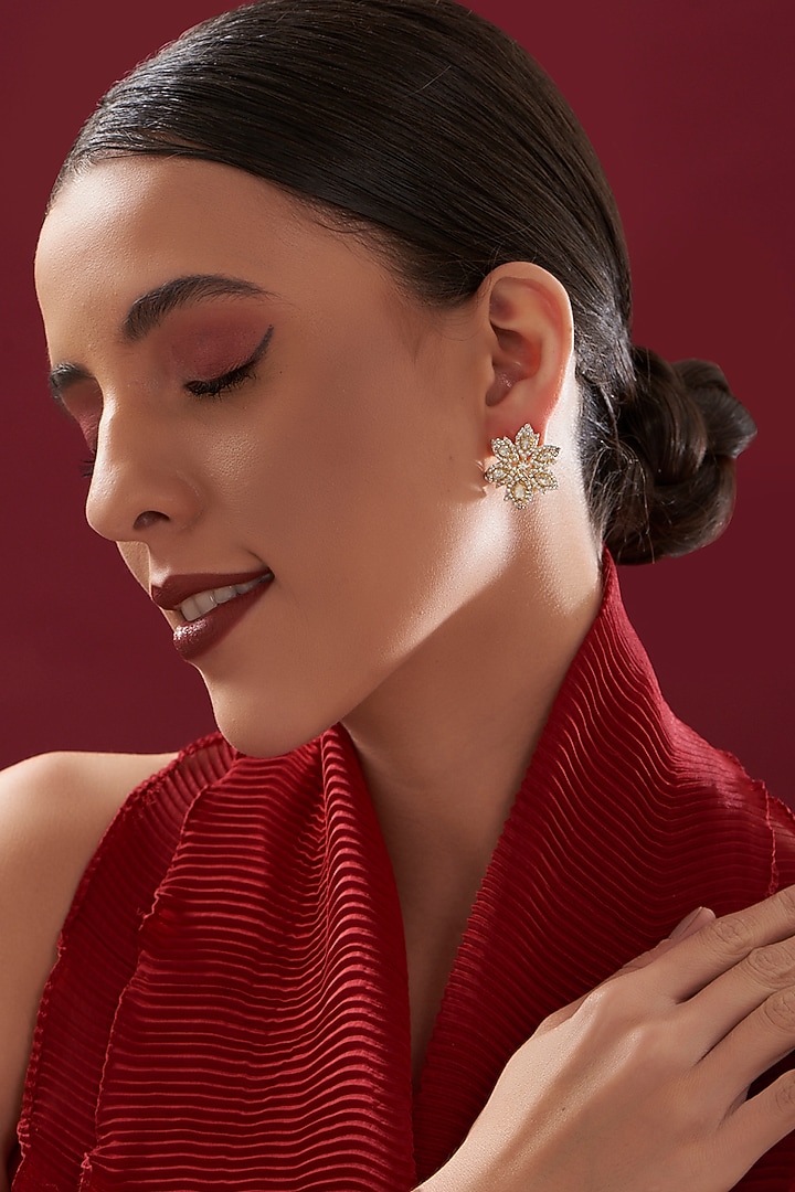 Gold Plated Moissanite Polki Handcrafted Stud Earrings In Sterling Silver by IVORINE at Pernia's Pop Up Shop