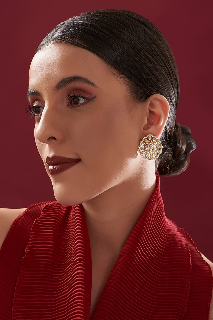 Gold Plated Moissanite Polki Handcrafted Stud Earrings In Sterling Silver by IVORINE at Pernia's Pop Up Shop