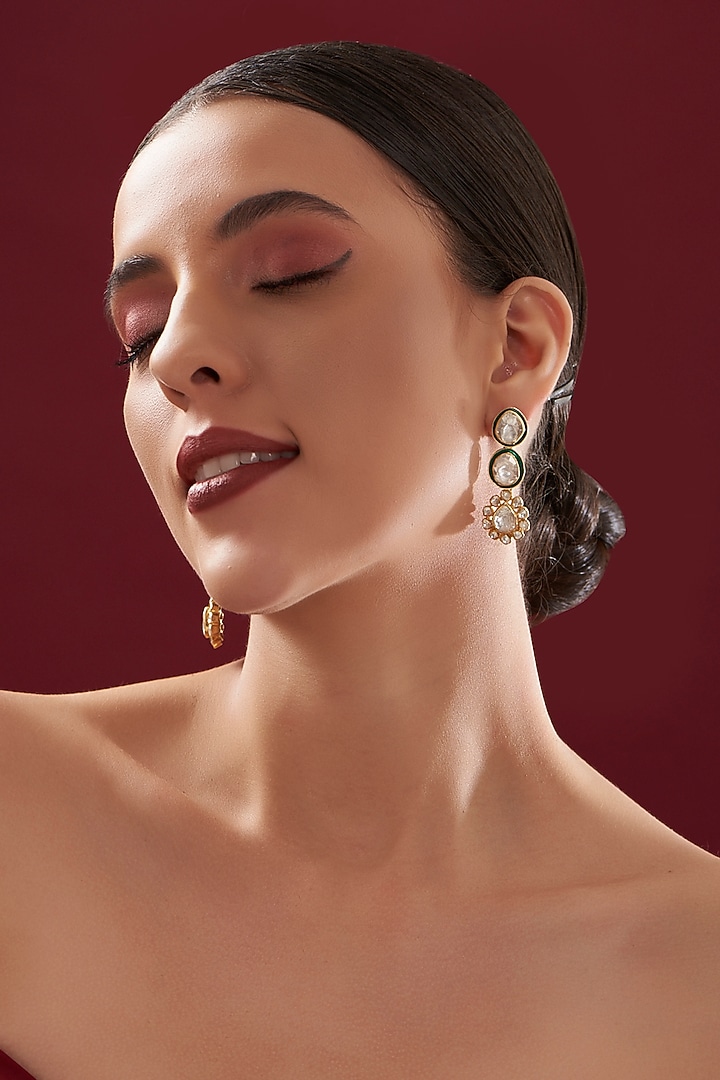 Gold Plated Moissanite Polki Handcrafted Dangler Earrings In Sterling Silver by IVORINE at Pernia's Pop Up Shop