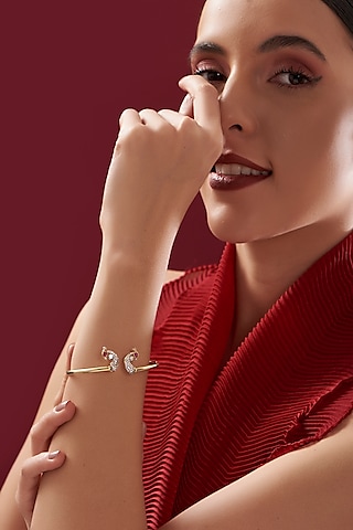 Gold Plated Ruby & Moissanite Polki Handcrafted Cuff In Sterling Silver by IVORINE
