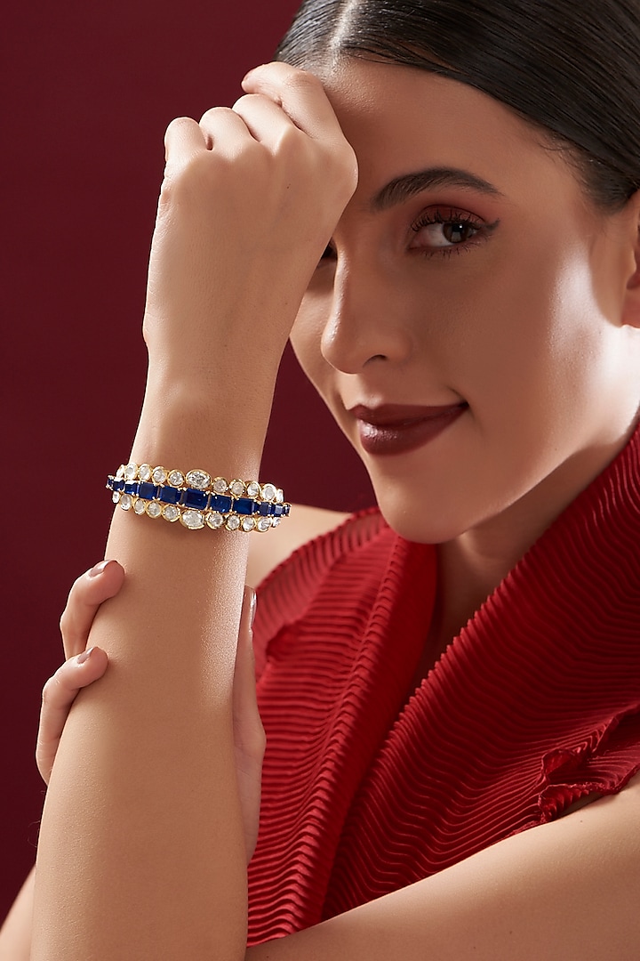 Gold Plated Sapphire & Moissanite Polki Handcrafted Bangle In Sterling Silver by IVORINE at Pernia's Pop Up Shop
