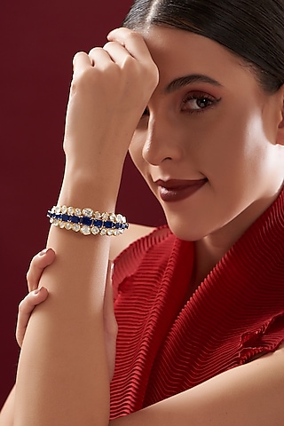 Gold Plated Sapphire & Moissanite Polki Handcrafted Bangle In Sterling Silver by IVORINE