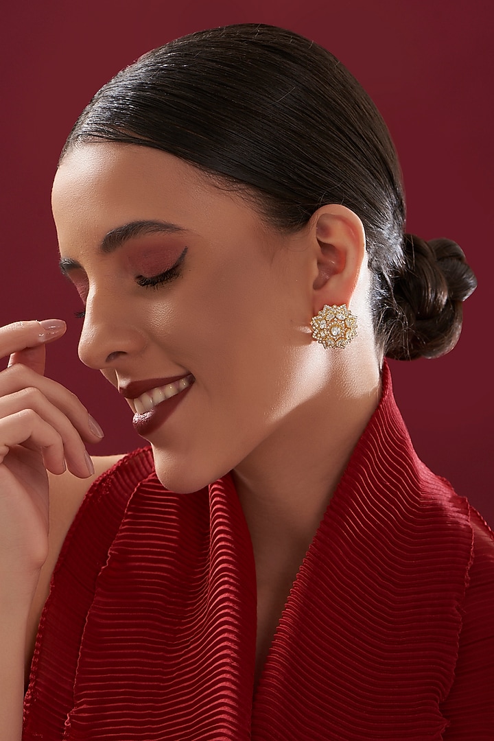 Gold Plated Moissanite Polki Handcrafted Stud Earrings In Sterling Silver by IVORINE at Pernia's Pop Up Shop