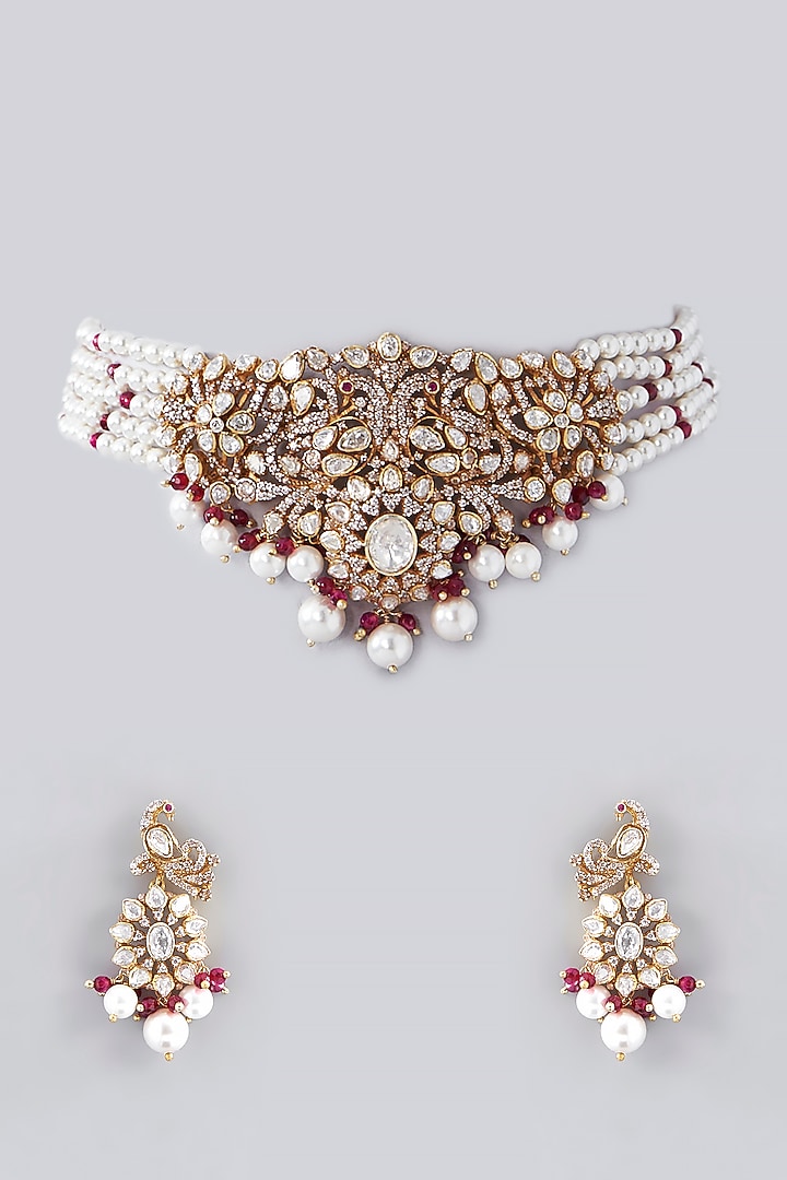 Gold Plated Moissanite Polki Handcrafted Necklace Set In Sterling Silver by IVORINE at Pernia's Pop Up Shop