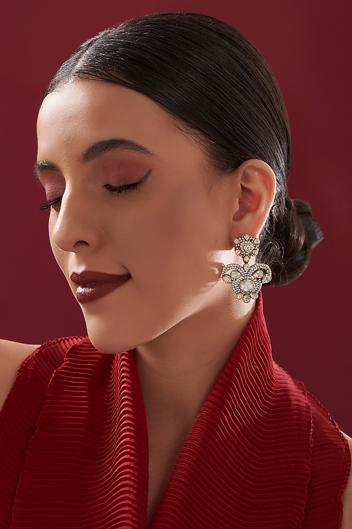 Gold Plated Moissanite Polki Handcrafted Dangler Earrings In Sterling Silver by IVORINE at Pernia's Pop Up Shop