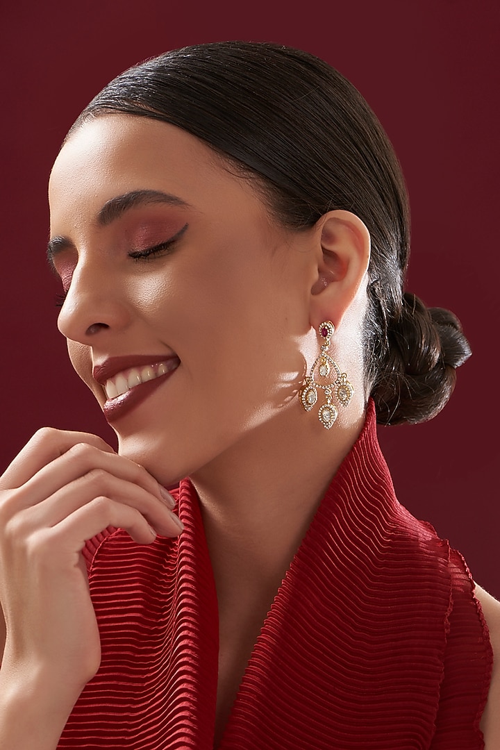 Gold Plated Ruby & Moissanite Polki Handcrafted Dangler Earrings In Sterling Silver by IVORINE at Pernia's Pop Up Shop