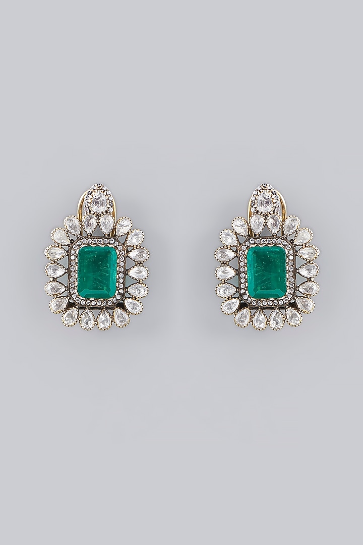 Gold Plated Emerald & Moissanite Polki Handcrafted Stud Earrings In Sterling Silver by IVORINE at Pernia's Pop Up Shop