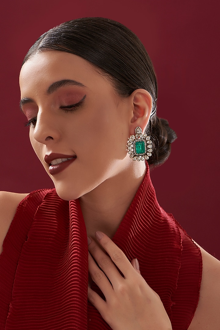 Gold Plated Emerald & Moissanite Polki Handcrafted Stud Earrings In Sterling Silver by IVORINE at Pernia's Pop Up Shop