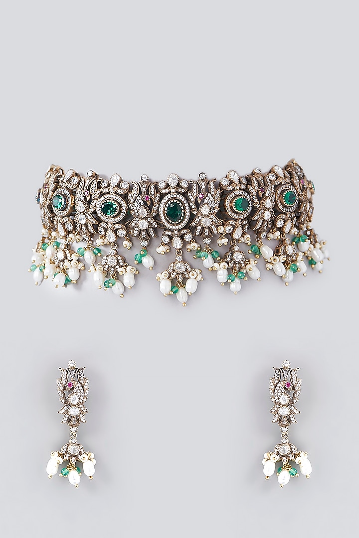 Gold Plated Emerald & Moissanite Polki Handcrafted Choker Necklace Set In Sterling Silver by IVORINE at Pernia's Pop Up Shop