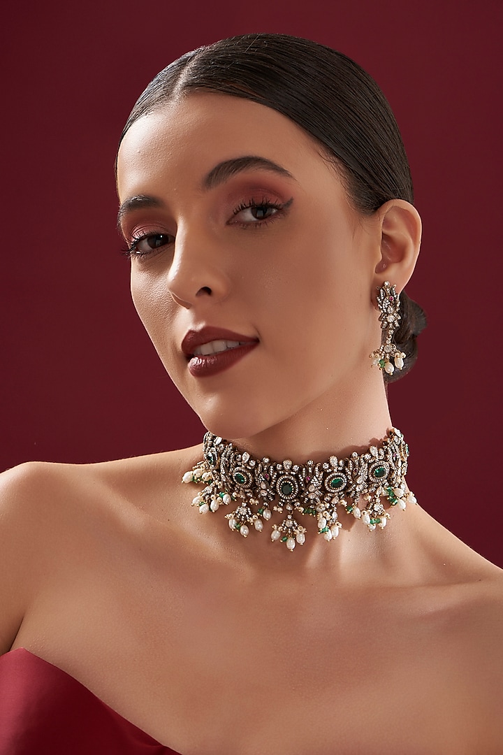 Gold Plated Emerald & Moissanite Polki Handcrafted Choker Necklace Set In Sterling Silver by IVORINE