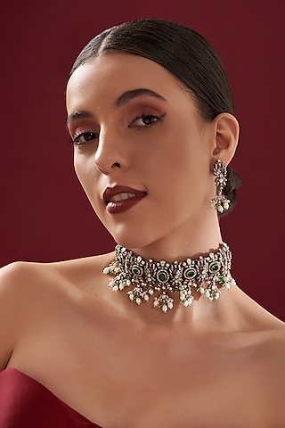 Gold Plated Emerald & Moissanite Polki Handcrafted Choker Necklace Set In Sterling&nbsp;Silver by IVORINE