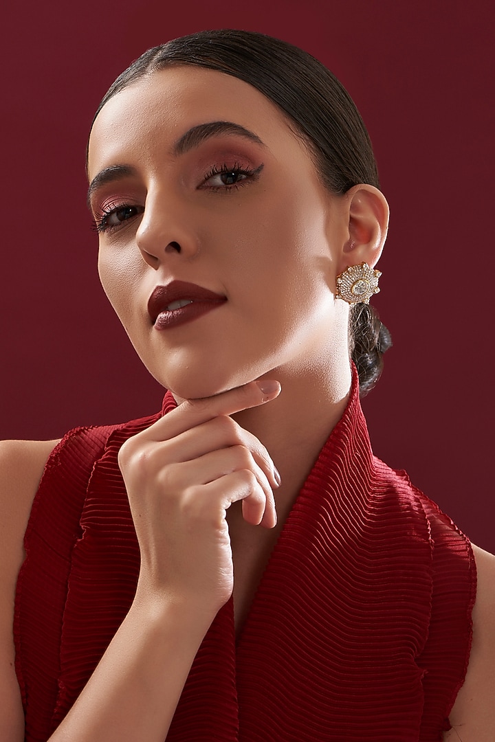 Gold Plated Moissanite Polki Handcrafted Stud Earrings In Sterling Silver by IVORINE at Pernia's Pop Up Shop