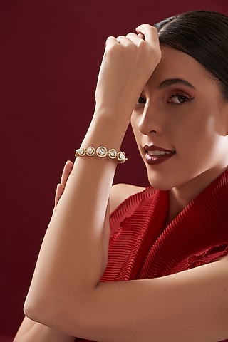 Gold Plated Moissanite Polki Handcrafted Bangle In Sterling Silver by IVORINE