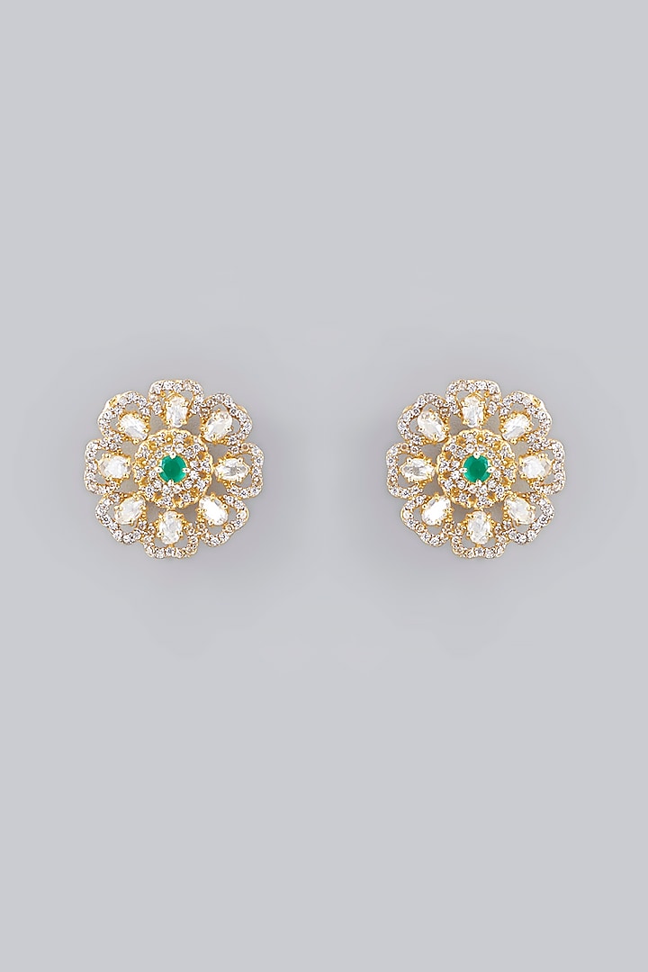 Gold Plated Emerald & Moissanite Polki Handcrafted Stud Earrings In Sterling Silver by IVORINE at Pernia's Pop Up Shop